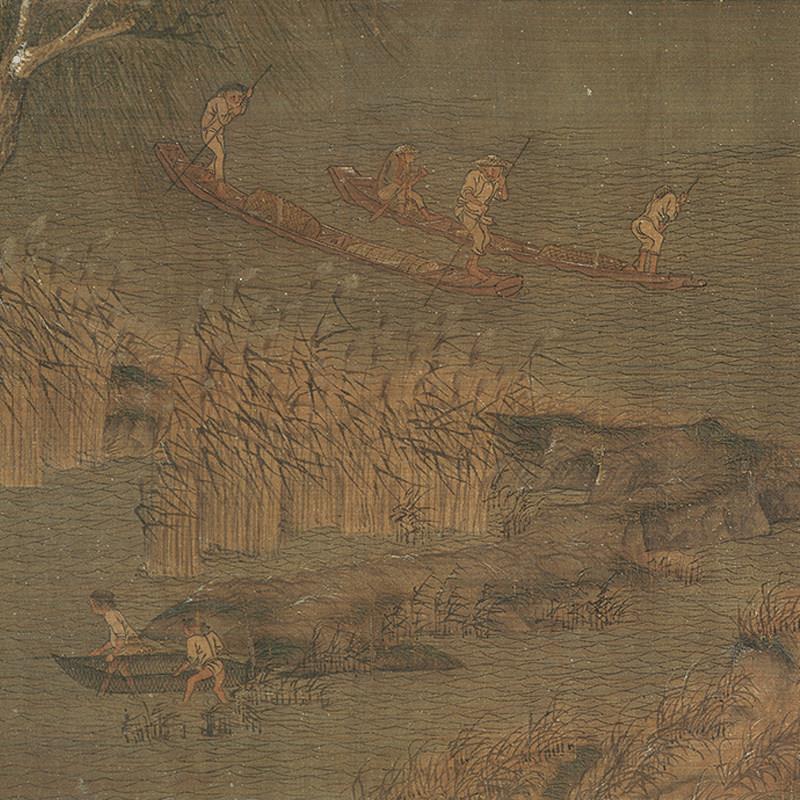 五代南唐 赵干 江行初雪图绢本高清微喷客厅装饰画书画横幅山水画