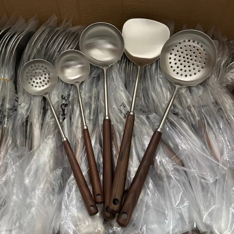 北美精工胡桃木厨房锅铲家用不锈钢304木质汤勺套装厨房木柄锅铲
