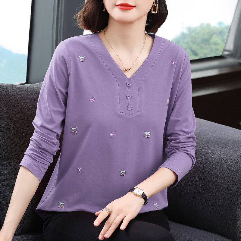 妈妈装纯棉长袖t恤女 2024春秋新款中老年外穿大码上衣薄款打底衫