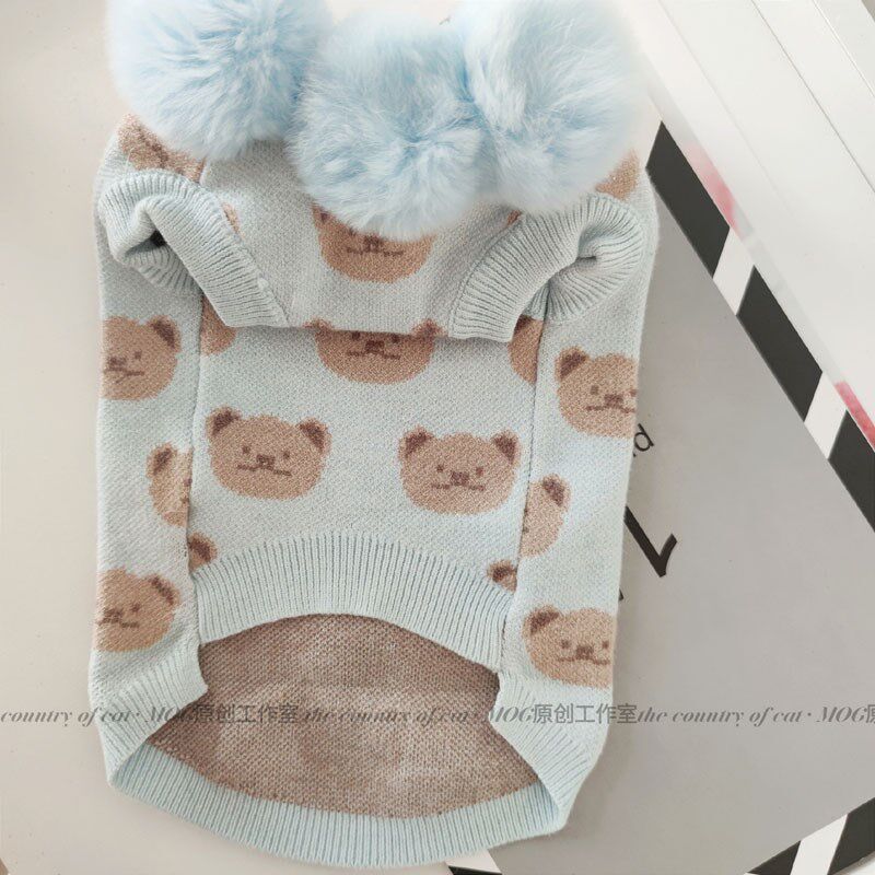 MOG  蓝色濑兔毛领卡通图案 猫咪毛衣衣服春秋冬保暖舒适包邮