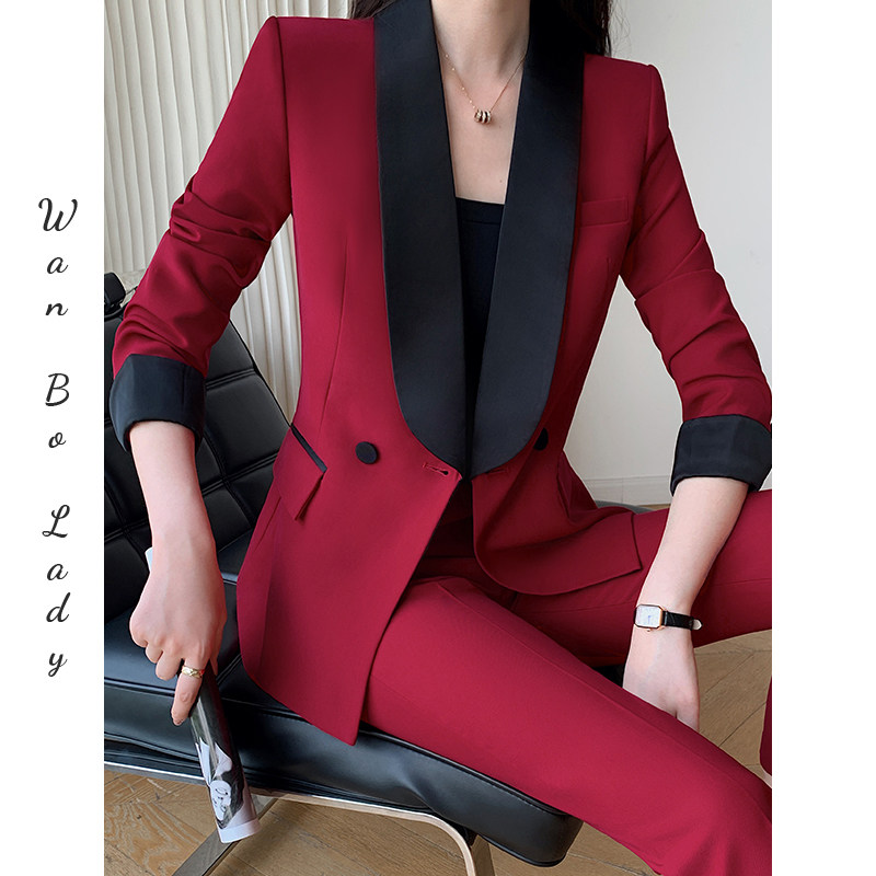 酒红色西装套装女士春季女装气质名媛职业高级感主持人空姐工作服