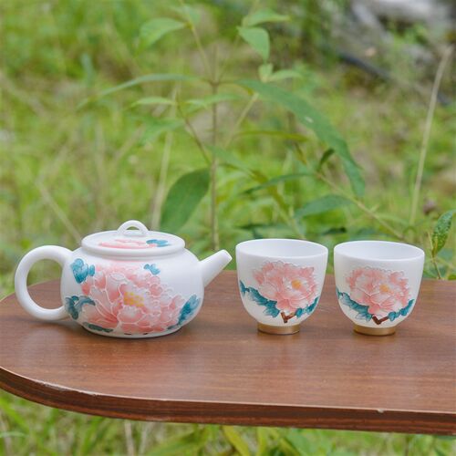 羊脂玉纯素烧手绘浮雕牡丹花壶手作高端白瓷功夫茶具女士精致泡茶