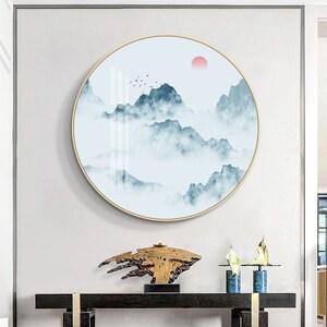 新中式装饰画入户玄关客厅饭厅壁画禅意山水画中国风圆形水墨挂画