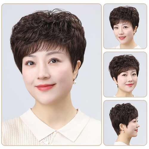 假发全头套女真人发丝短卷发羊毛微卷真发中老年女妈妈假发自然