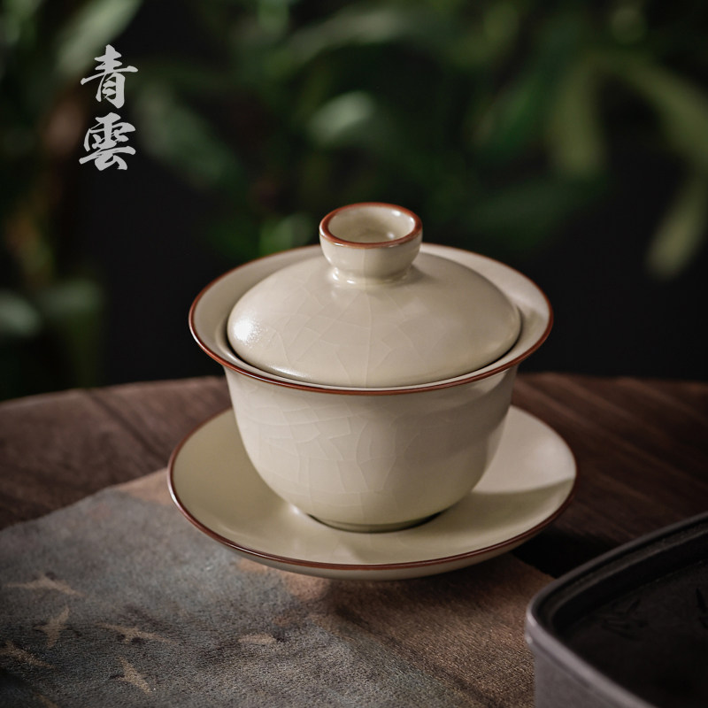 米黄汝窑三才盖碗茶杯防烫单个泡茶不烫手陶瓷盖碗冰裂釉开片可养