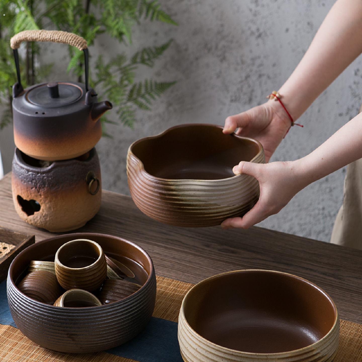 家用粗陶柴烧水盂茶洗缸大号加厚陶瓷茶杯陶土功夫茶具零配件收纳