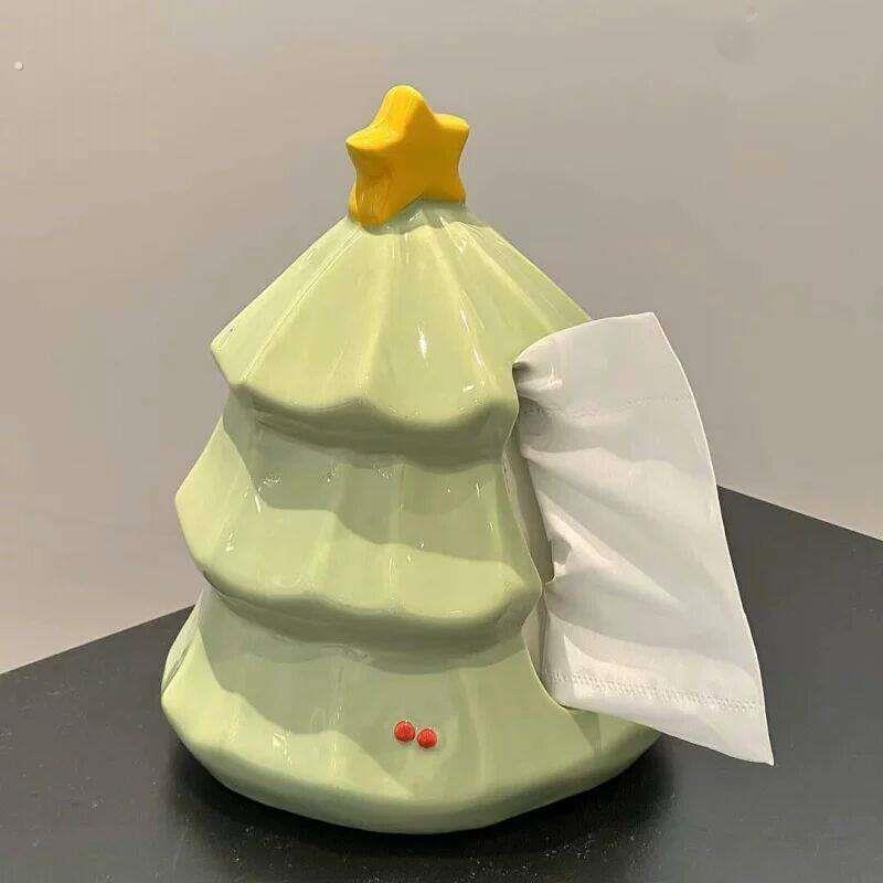 可爱耶诞树桌面纸巾盒陶瓷抽取式卫生纸纸巾盒高颜值创意抽取式卫