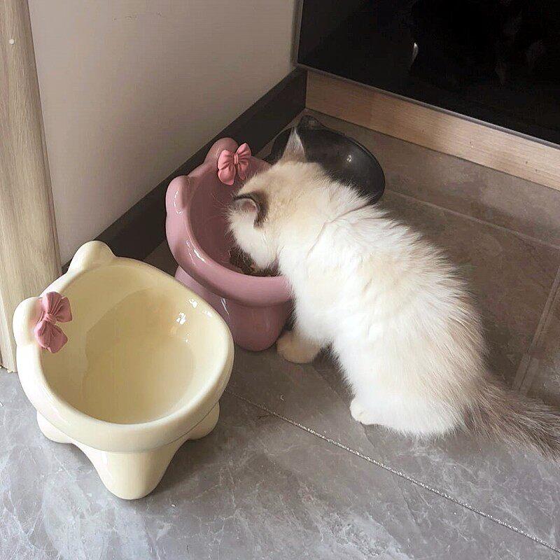蝴蝶结陶瓷猫咪碗增高架防黑下巴猫食盆大口径防外溅慢食碗狗狗碗