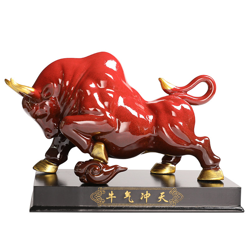 红牛工艺品摆件创意陶瓷新中式客厅动物招财工艺品描金开业礼品