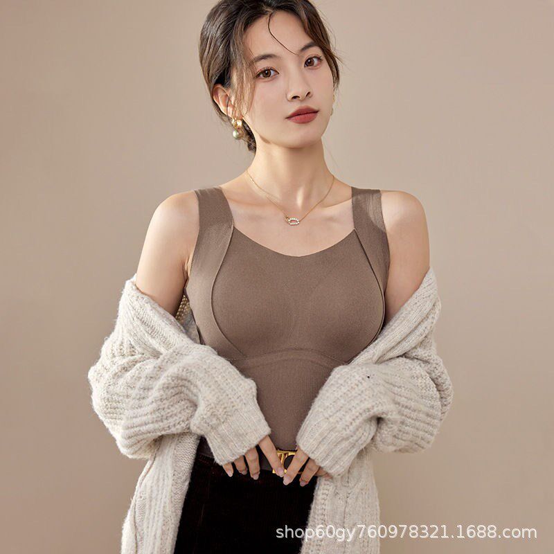 秋冬季保暖背心无痕加绒加厚固定杯打底内衣女士发热蓄热显瘦蚕丝