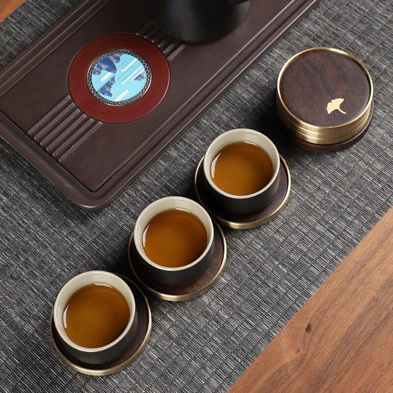纯铜茶杯托黑檀木杯垫家用功夫茶具茶道配件实木隔热茶垫子6片装
