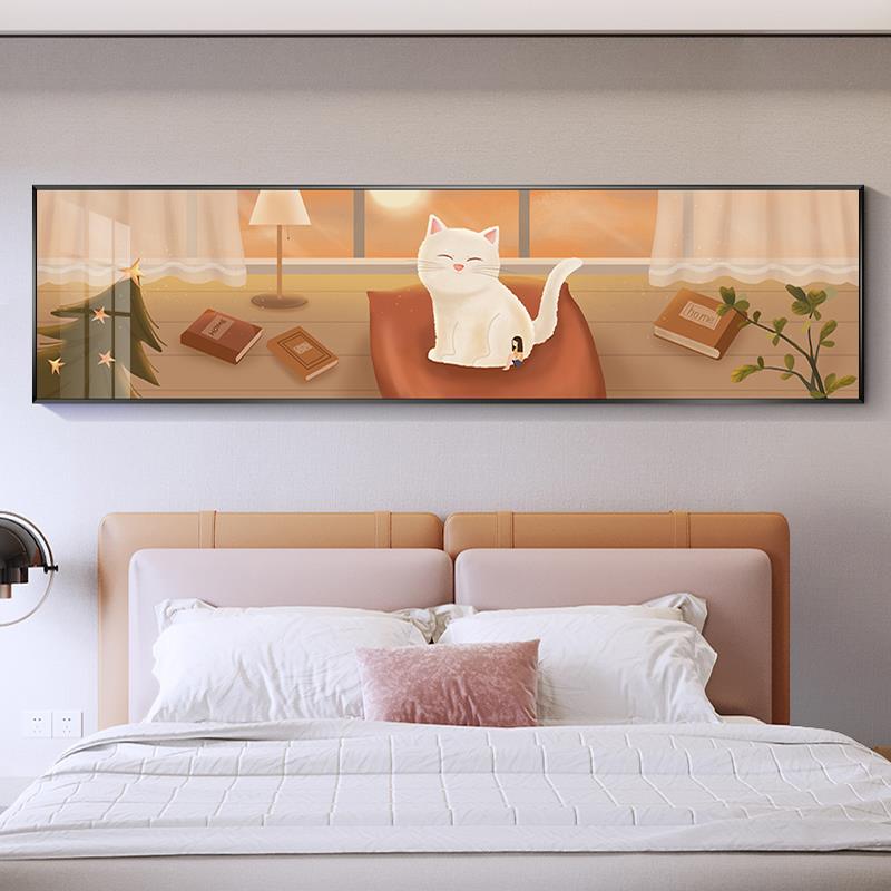 北欧卧室床头装饰画小清新女孩房间布置挂画猫咪横幅温馨粉色壁画