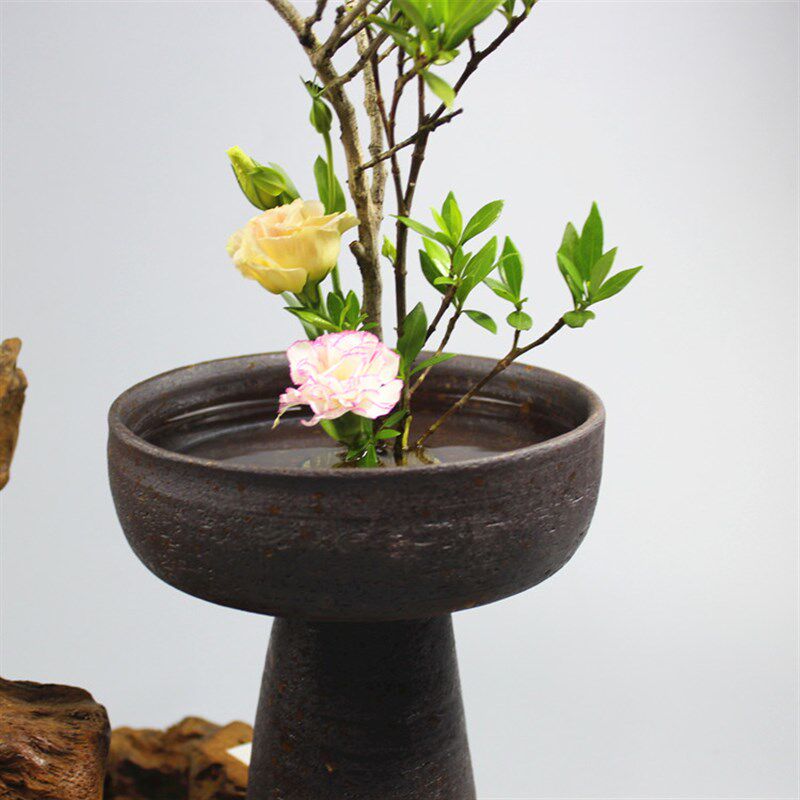 粗陶高脚花器 平底高脚盆 花盘 日式插花 茶室复古花艺摆件 装饰