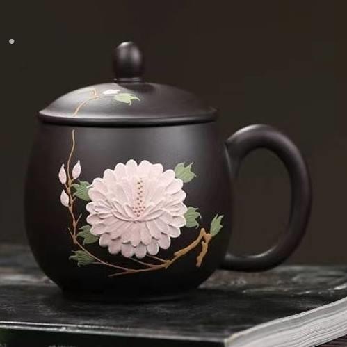 变色牡丹杯紫砂盖杯可变色家用茶具女士办公新款纯手工大容量茶杯