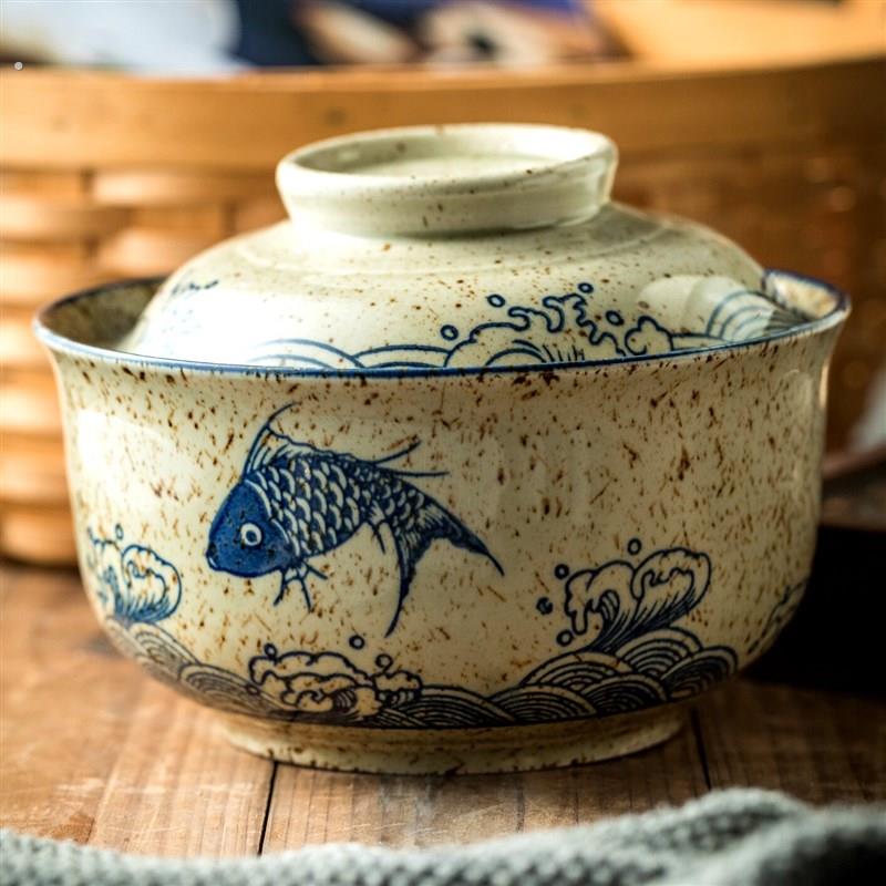 碗家用一人一个拌面碗陶瓷汤碗复古餐具高脚碗深碗吃饭碗装泡面碗