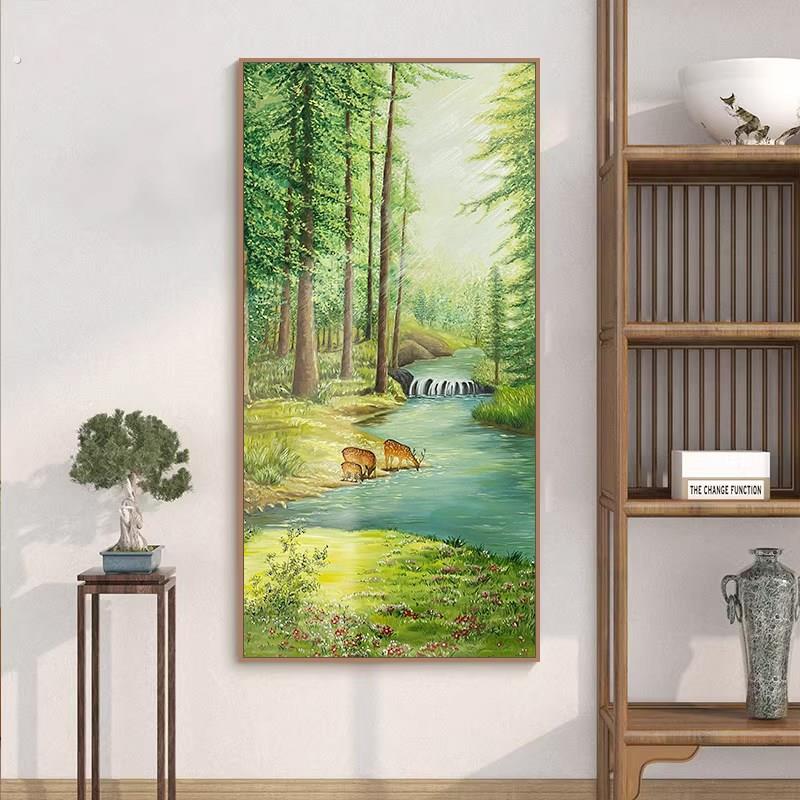麋鹿喝水喷绘油画玄关森林风景装饰壁画客厅小鹿饮水图聚宝盆挂画