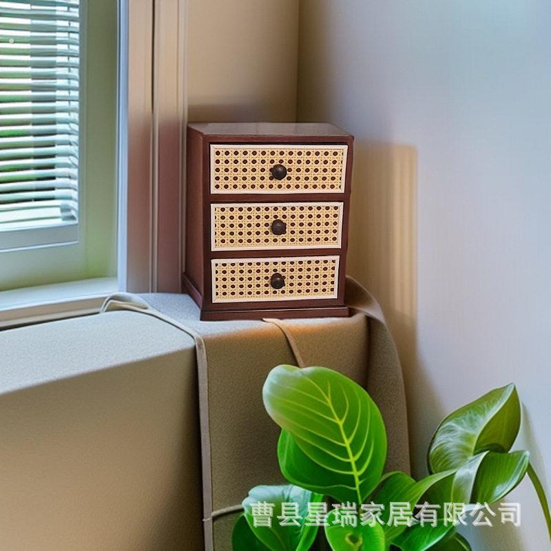 复古多层收纳柜实木桌面藤编迷你收纳盒收纳创意首饰抽屉式置物架