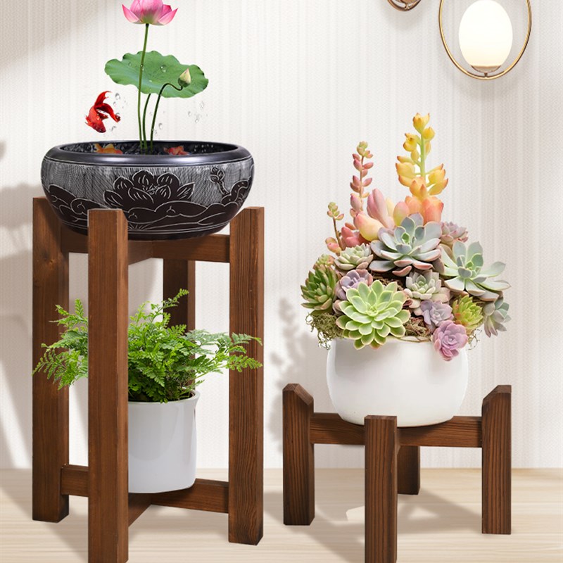 碳化木花架双层实木鱼缸架酒缸木架子底座盆景架阳台置物架可定制图片