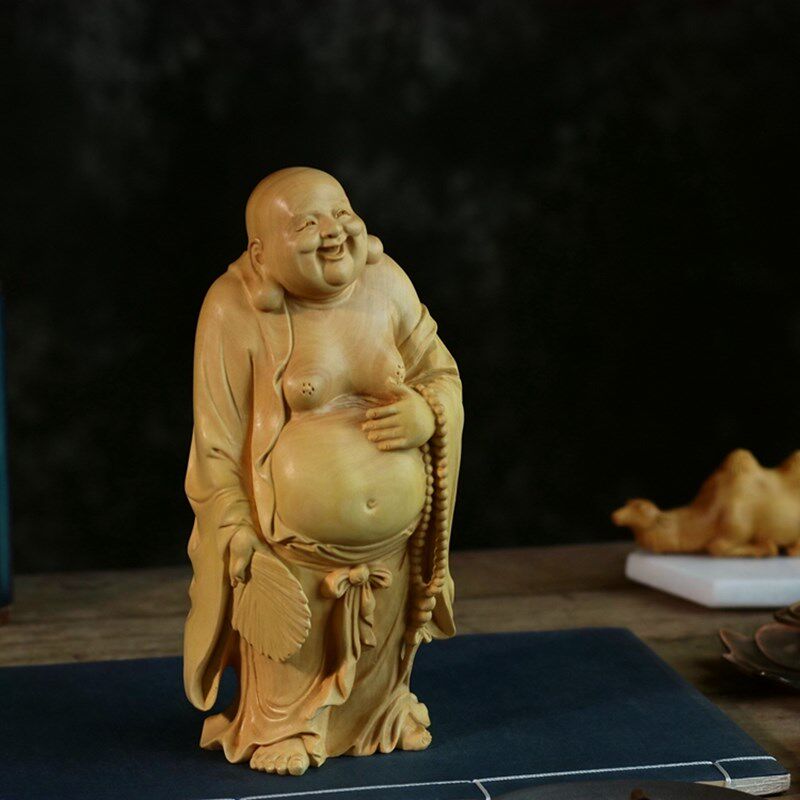 小叶黄杨木雕摆件居家佛像实木雕刻木质工艺把件送礼笑佛拿扇弥勒