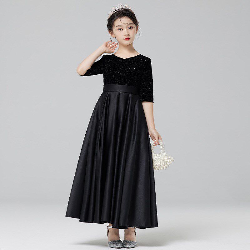 洋气女童黑色礼服长裙子小女孩公主连衣裙儿童走秀钢琴表演出服装