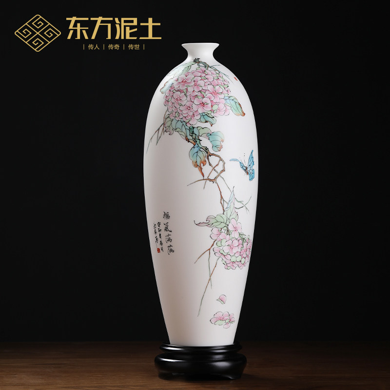 东方泥土大师手绘福气满满羊脂玉瓷花瓶客厅酒柜书房博古架装饰品