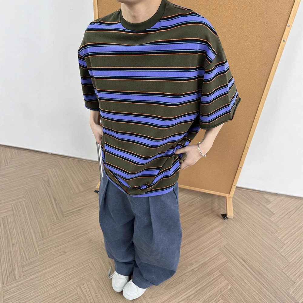 美式复古军绿紫色条纹短袖男款300g重磅小领口vintage半袖T恤夏季