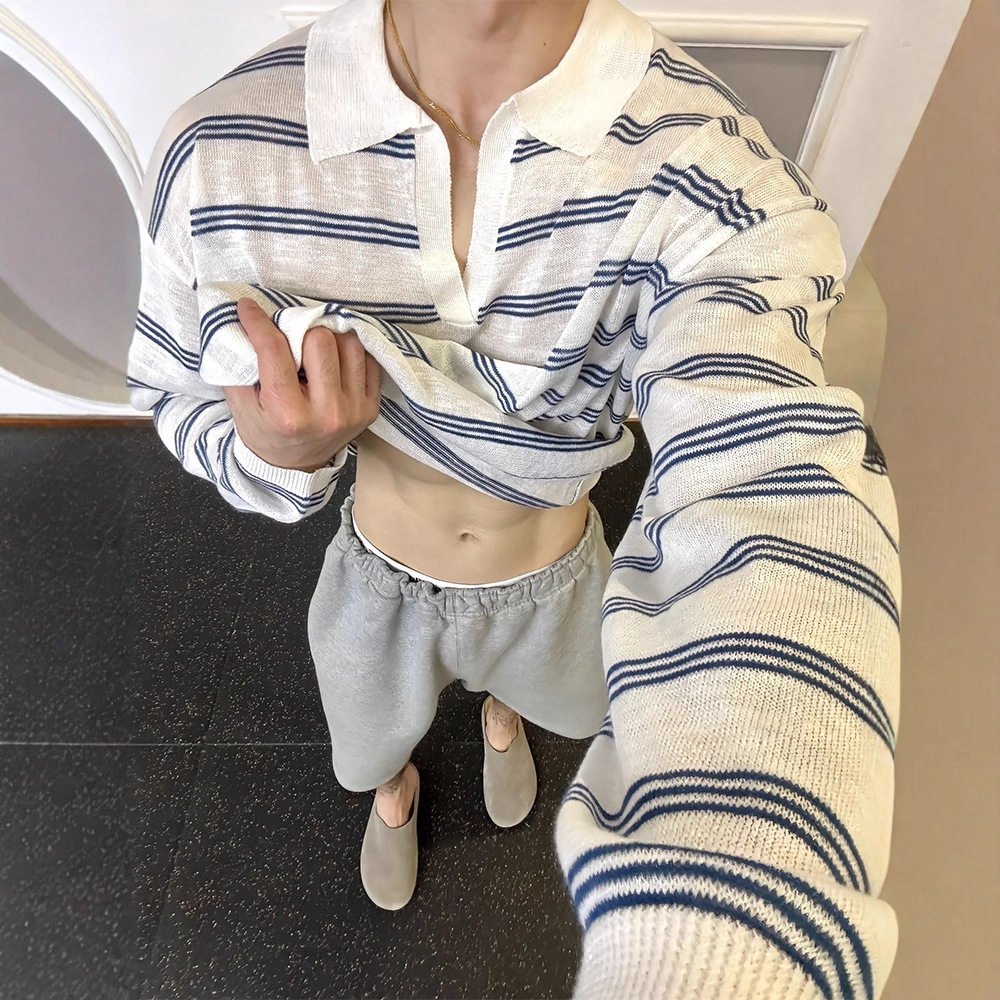 V领条纹冰丝轻薄长袖T恤男防晒