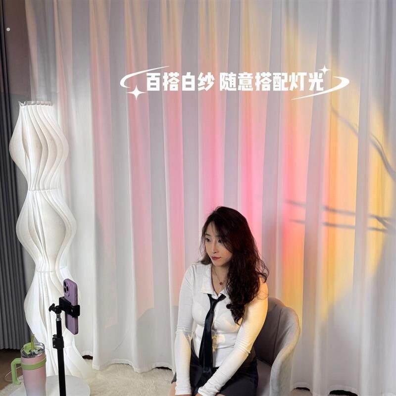 直播间背景窗帘免打孔安装魔术贴主播直播背景窗帘白纱自带褶皱帘