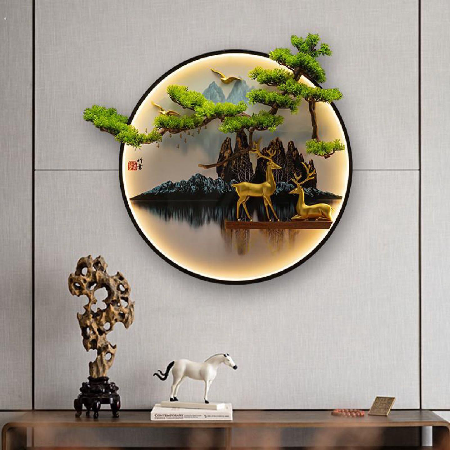 新中式装饰画画带灯玄关客厅沙发背景墙上立体迎客松圆形山水挂