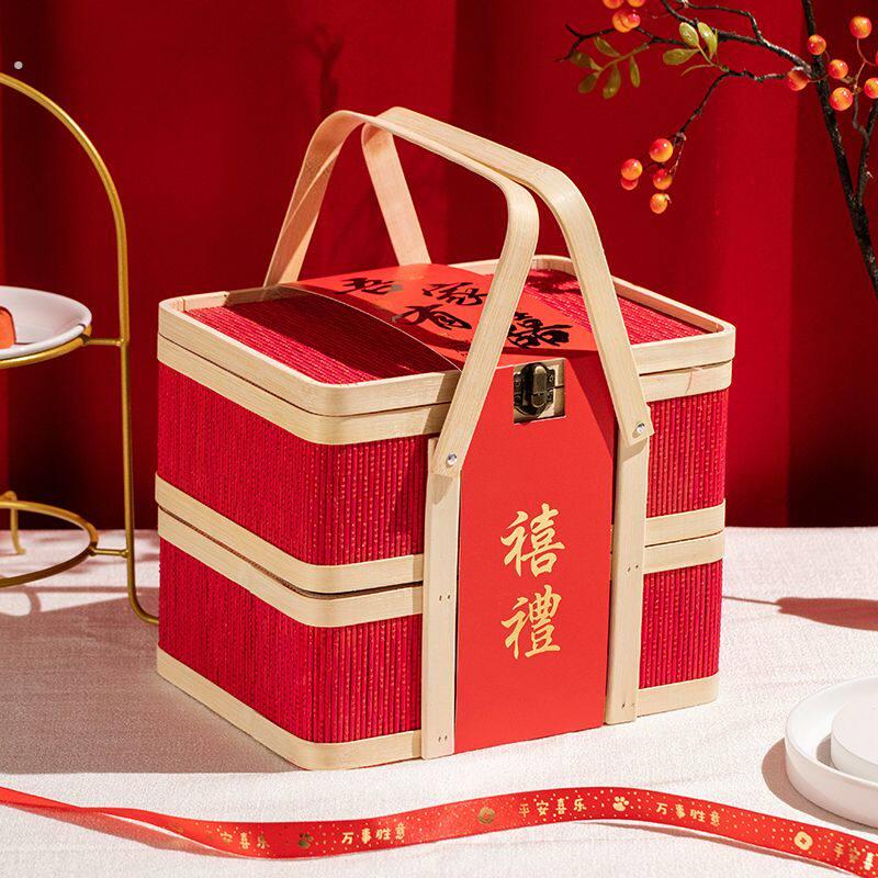 结婚饭盒吾家有喜红色手提竹编篮子过大礼通用结婚订婚提亲装鸡蛋