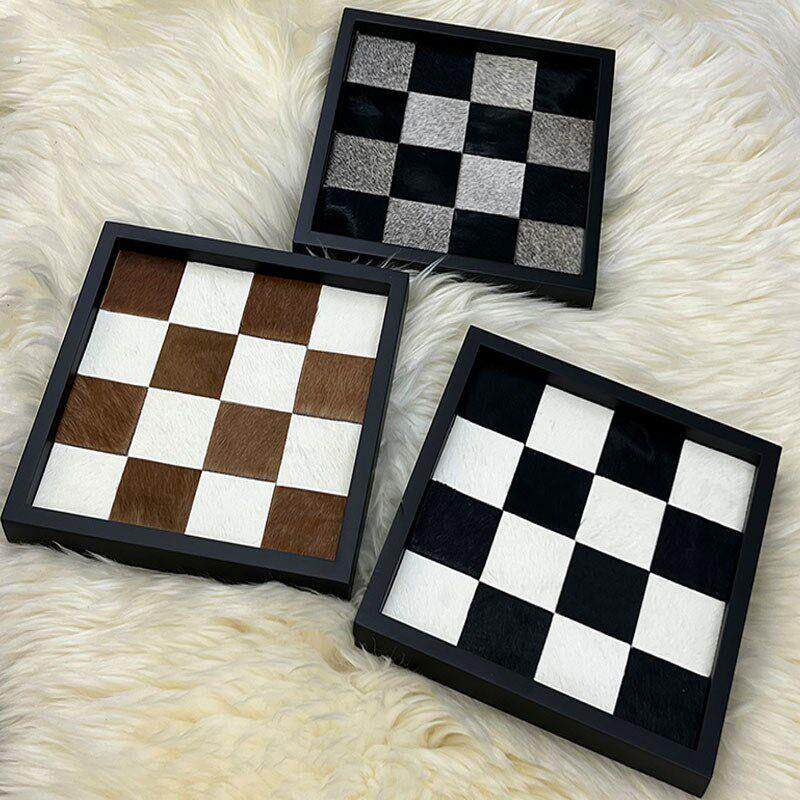 马毛棋盘格托盘彩色配色玄关收纳盘真皮样板房家居摆饰高品质