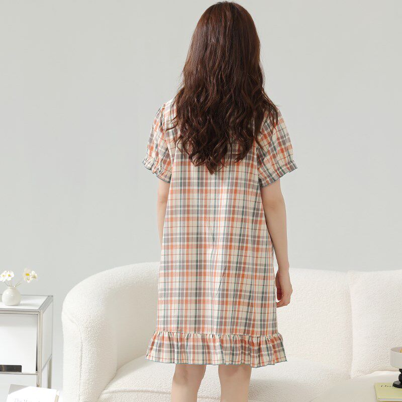 2024新款睡裙女夏季梭织棉纱布纯棉短袖全棉睡衣薄款夏天孕妇中裙
