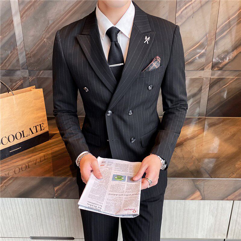 男士双排扣条纹新郎结婚礼服西装套装修身大码英伦正装西服三件套
