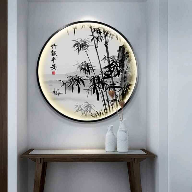 竹子圆形装饰画水墨新中式入户玄关走廊过道挂画带灯发光茶室壁画