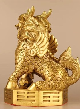 纯黄铜八卦麒麟摆件火公母一对玄关客厅阳台办公桌室招财天斩反弓