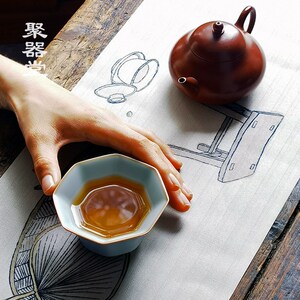 聚器堂天青汝窑陶瓷主人杯大号可养开片八方杯单杯茶盏八方聚财杯