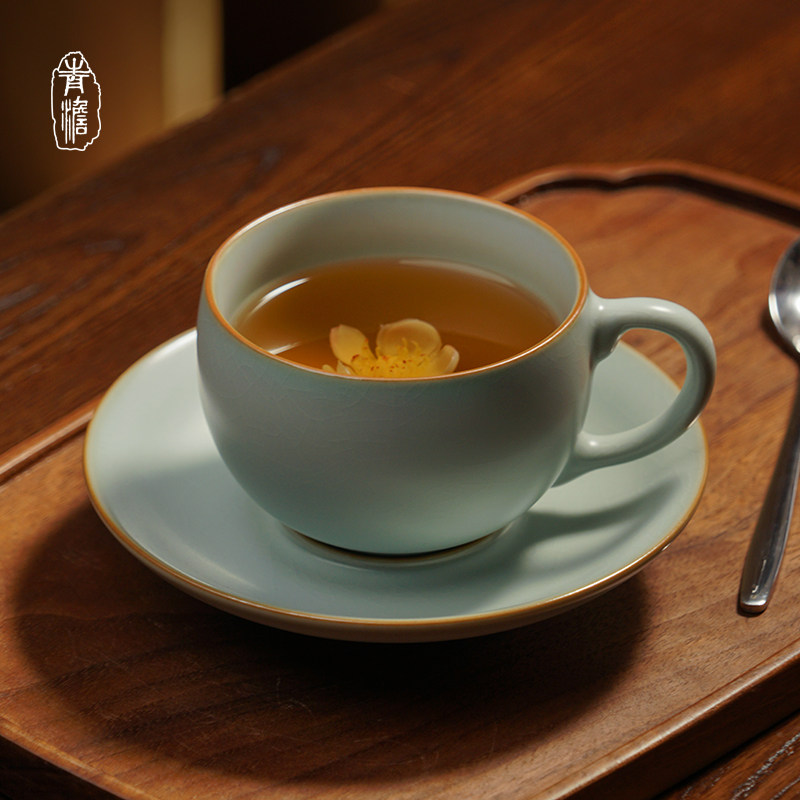汝窑主人茶杯套装家用景德镇陶瓷复古仿宋汝瓷茶盏礼盒装青瓷礼品