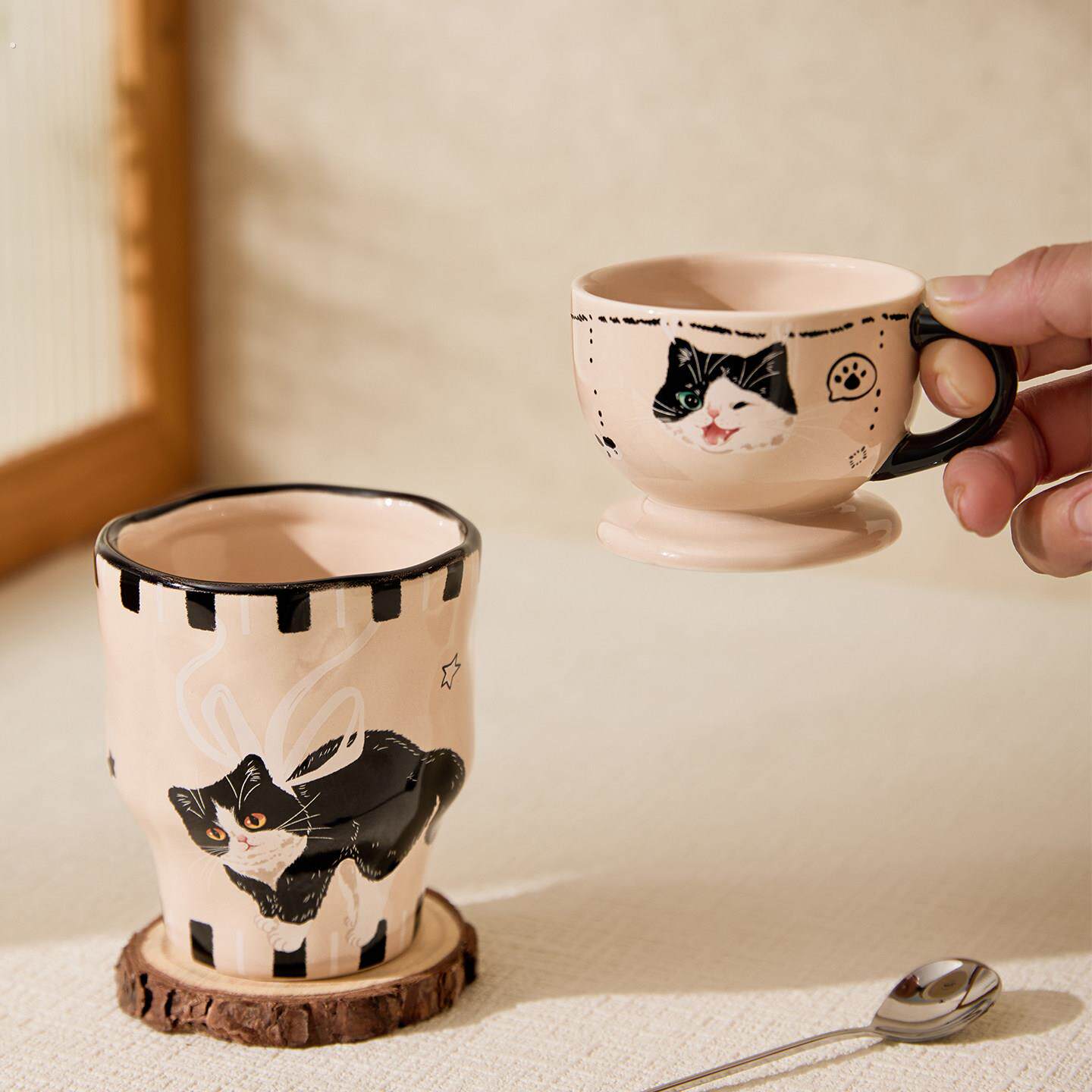 可爱猫咪图案陶瓷马克杯复古咖啡杯喝水杯子生日礼物办公室水杯