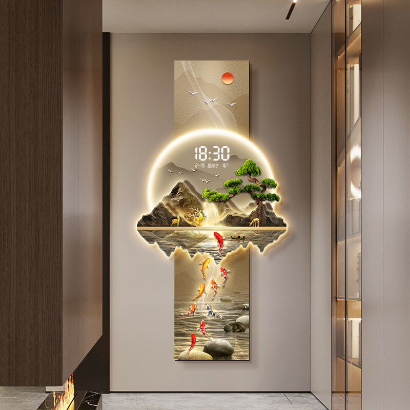九鱼图入户玄关装饰画轻奢高级感走廊过道挂画新中式带时钟壁灯画