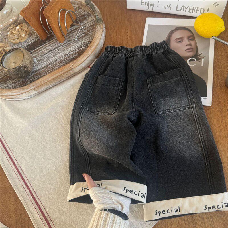 儿童牛仔裤加绒秋冬卡通男宝直筒阔腿裤1-8岁女童一体绒裤子冬季