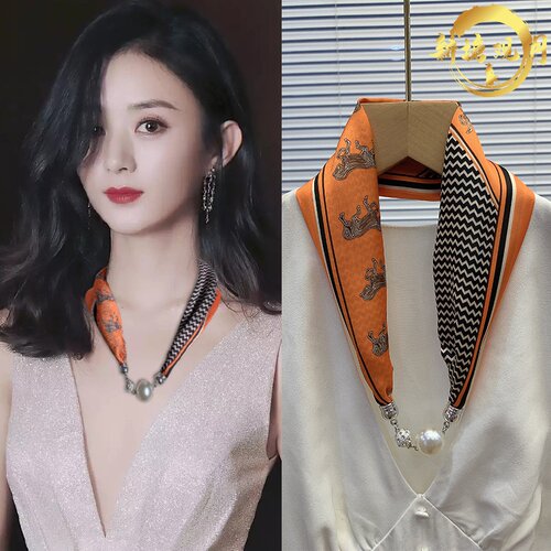 磁扣丝巾女夏季薄款夏天遮脖子磁吸扣锁骨小长条护颈带窄珍珠项炼