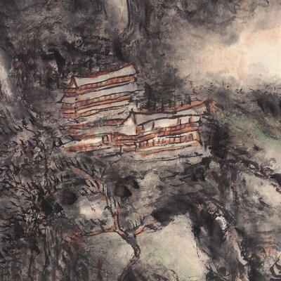 黄宾虹楼台烟雨图写意山水画国画艺术微喷古代名画复制品装饰画