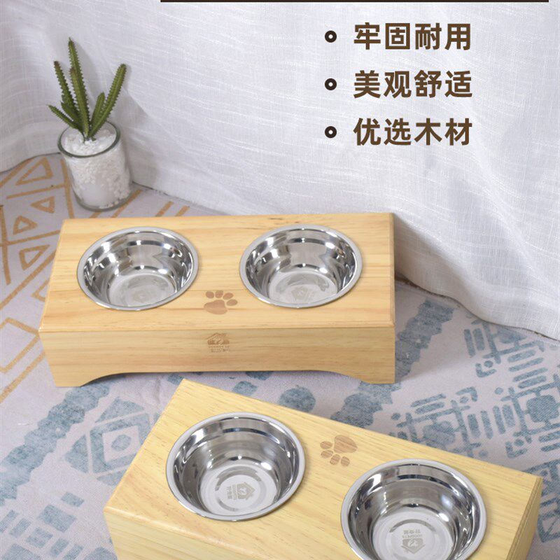 妞派特实木不锈钢双食盆小型犬泰迪贵宾狗碗猫碗宠物食盆狗盆饭盆