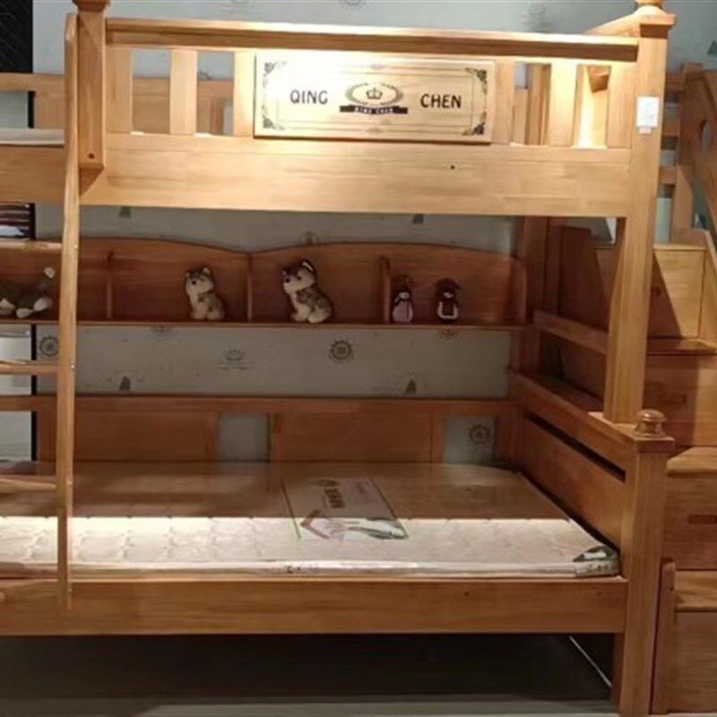 橡木全实木超粗床腿9*9子母儿童床上下双层护拦床带步梯柜挂梯
