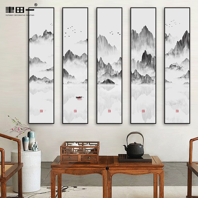 客厅新中式山水装饰画玄关展厅大幅五联挂画河山渔船书房禅意壁画