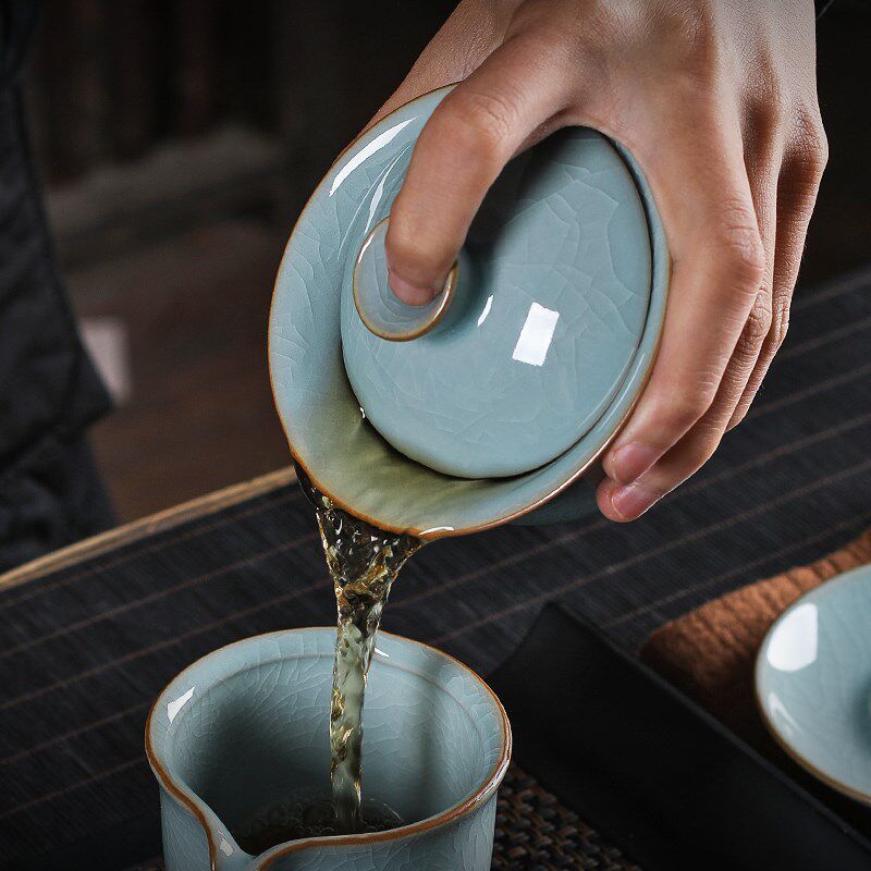 青瓷功夫茶具套装办公室陶瓷哥窑冰裂三才盖碗茶壶泡茶杯套装家用