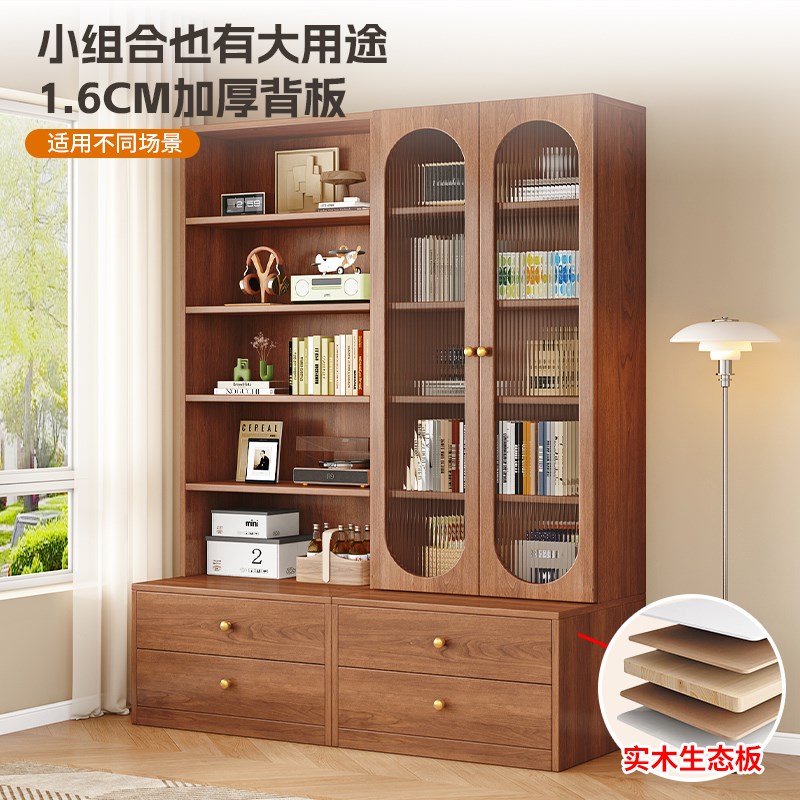胡桃色书柜一体整墙客厅卡座展示柜子落地组合家用复古风卧室书架