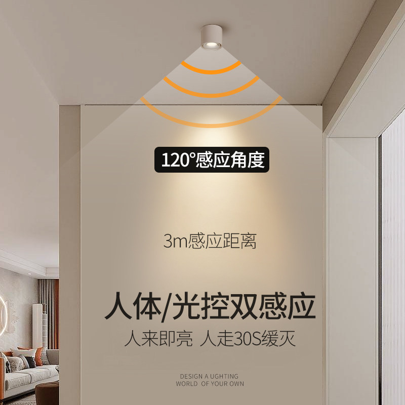 感应明装筒灯免开孔走廊入户玄关人体感应led天花灯光控智能射灯