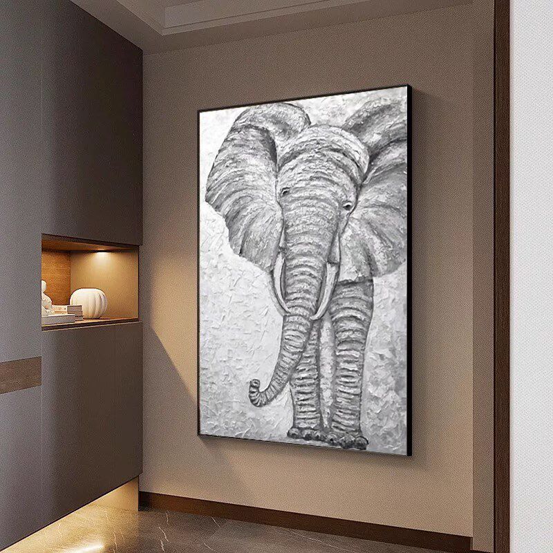 纯手绘厚肌理动物装饰画立体浮雕油画大象挂画卧室奶油风砂岩画