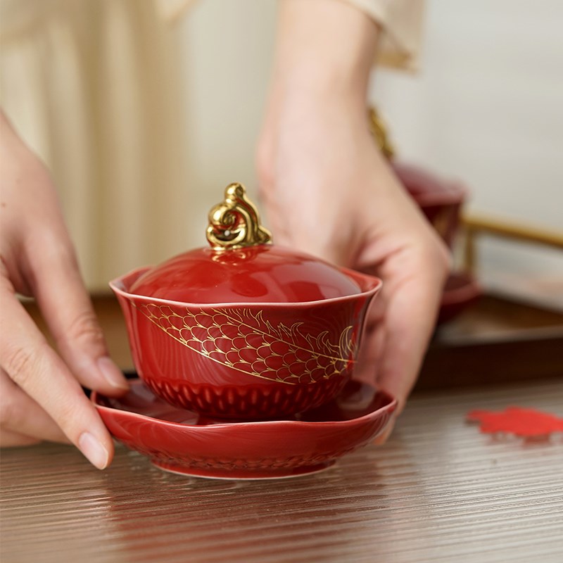 新人结婚敬茶杯套装金线边龙凤呈祥茶杯组合 红色改口敬酒杯带礼图片